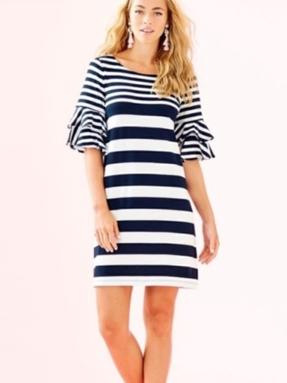 Lilly Pulitzer Lula True Navy Pop Ip Safari Stripe Ruffle-Sleeve Dress Medium